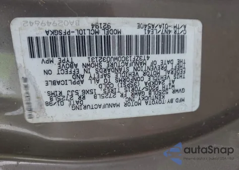 1998 Toyota Sienna Xle из США, поврежденный, VIN 4T3ZF13C0WU032131